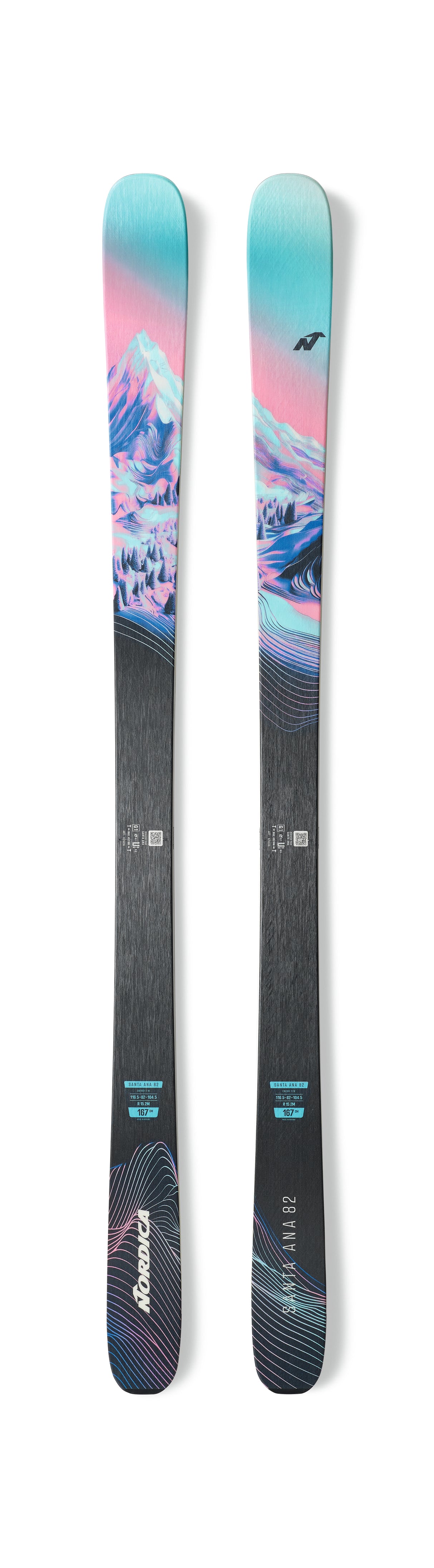 WSantaAna82- A pair of Nordica Santa Ana 82 women's skis for the year 2027, featuring a predominantly white and blue color scheme with floral graphics.