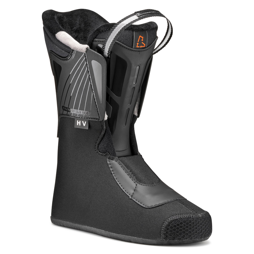 MACHBOAHV75-Black Tecnica ski boot with gold accents on a white background