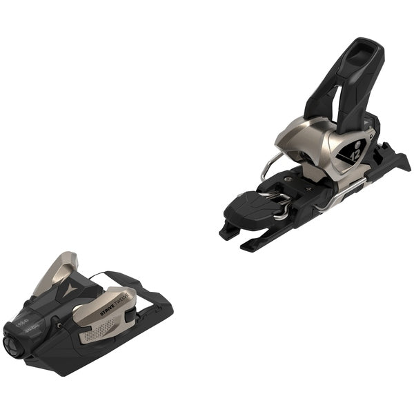 Strive 12-Pair of black and bronze ski bindings on a white background