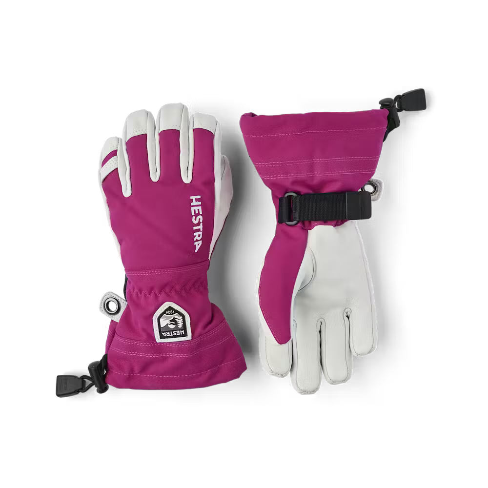 Army Leather Heli Ski Glove-Pair of pink and white gloves with visible branding on a transparent background