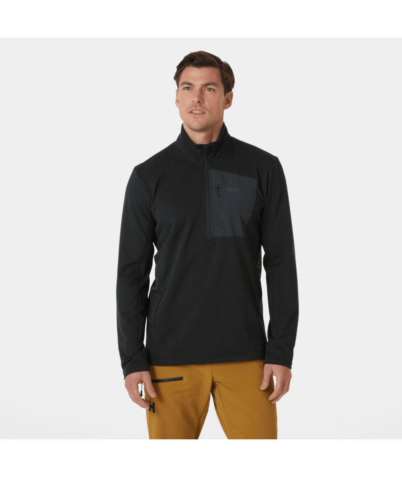 Versalite 1/2 Zip Fleece-Man wearing a black pullover with a logo on a white background