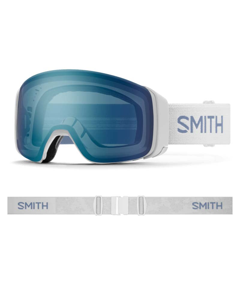4DMag-Smith brand goggles with blue lens and white frame on a white background