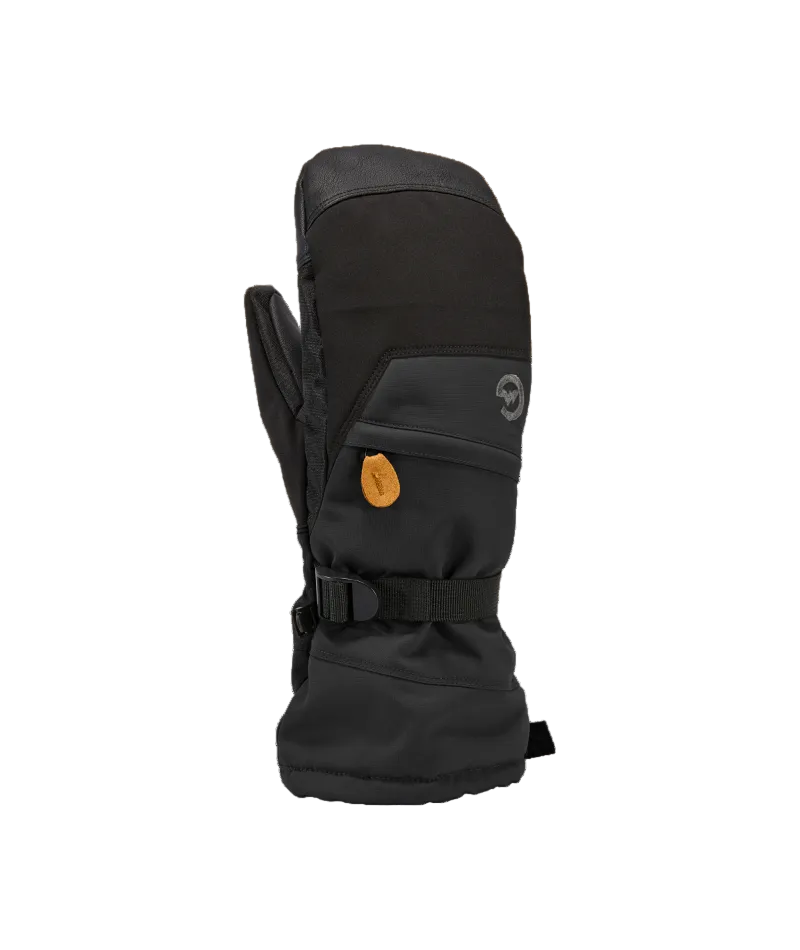 M Stomp Mitten- Black snow glove with a brand logo on a white background
