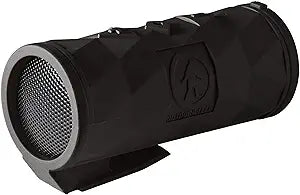 Buckshot2.0- Black portable speaker with a brand logo on a black background