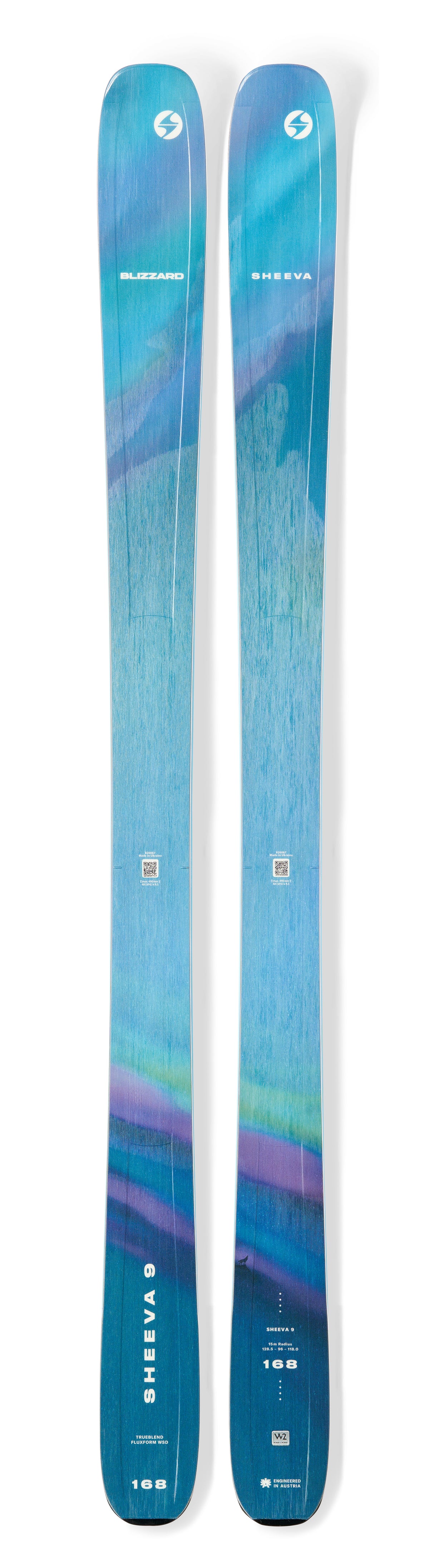 Sheeva 9-Two blue skis with a colorful pattern on a white background