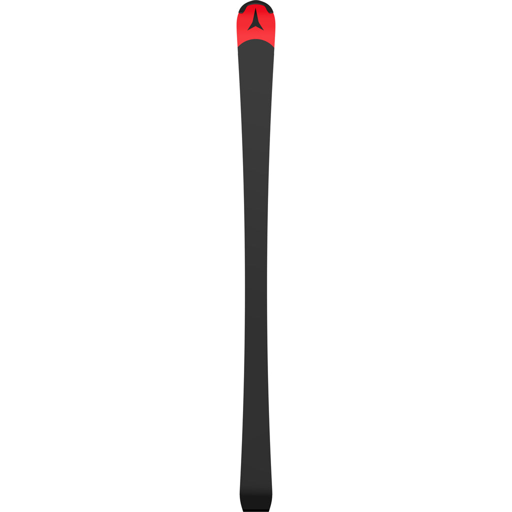 RedsterS9- A pair of red and black Atomic Redster S9 FIS J-RP3 kids skis with bindings attached, displayed against a white background.