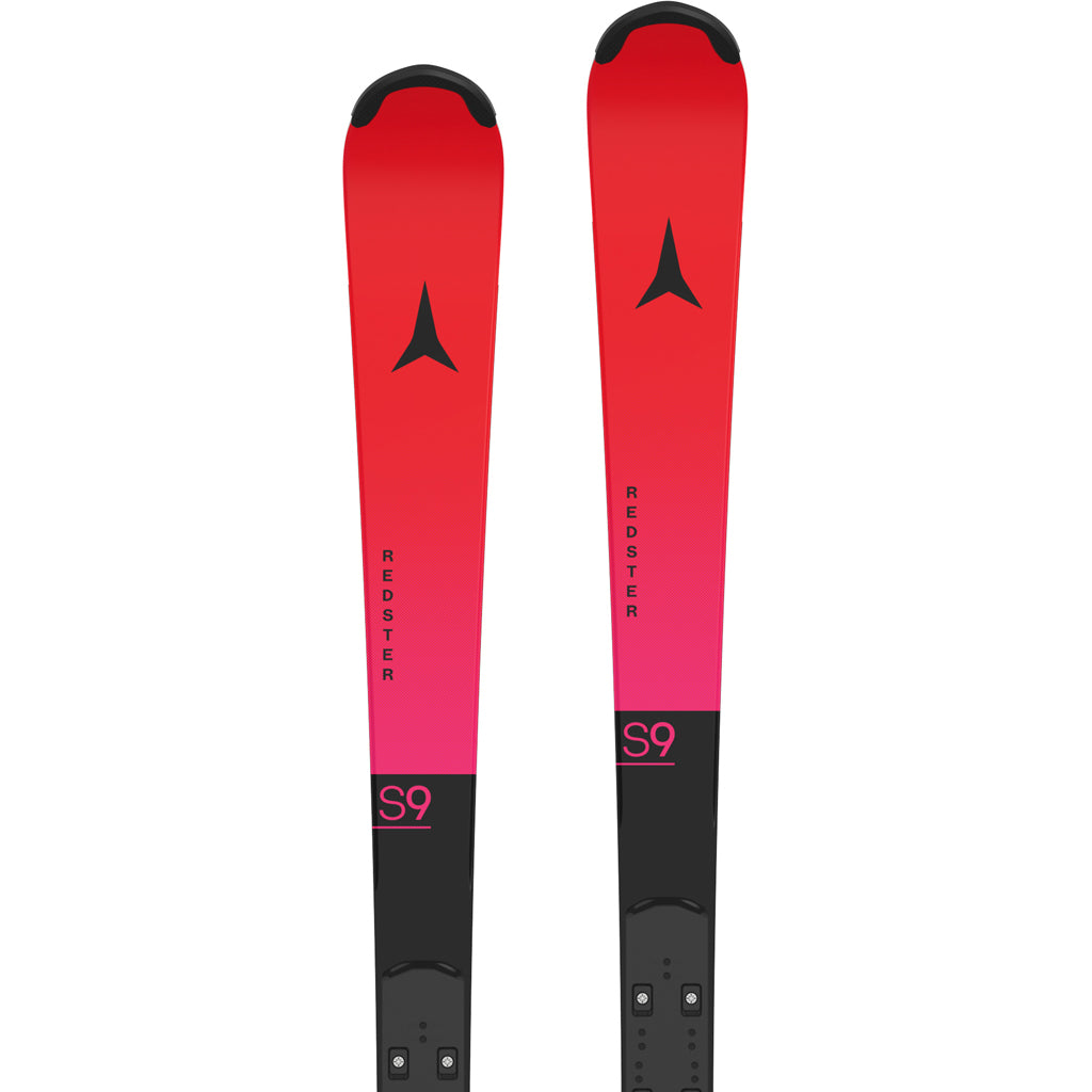 RedsterS9- A pair of red and black Atomic Redster S9 FIS J-RP3 kids skis with bindings attached, displayed against a white background.
