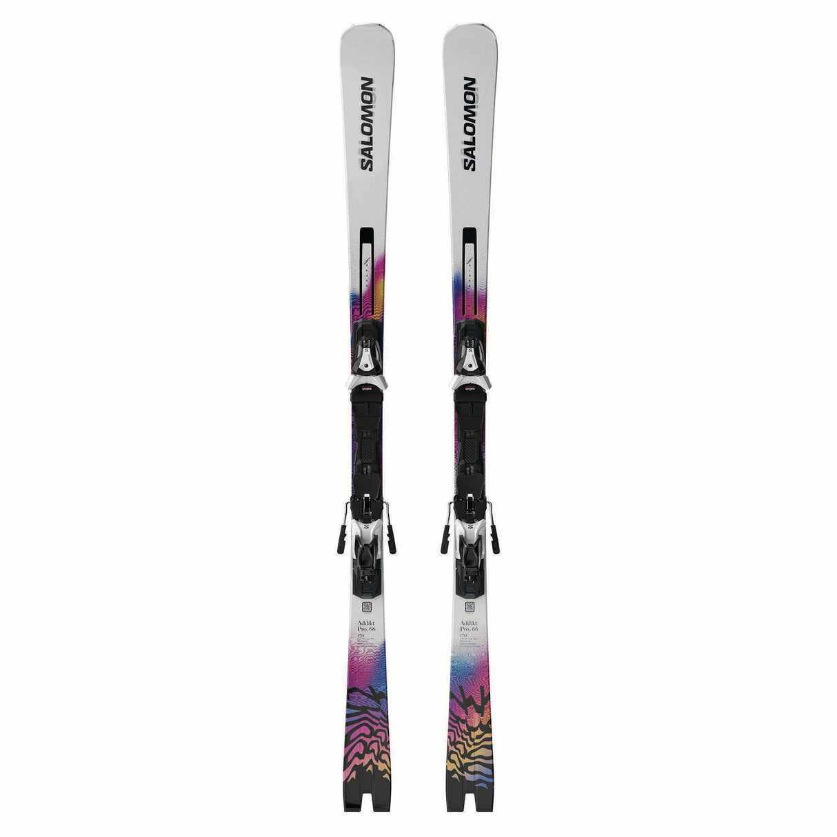 ADDIKTPRO66MI12GW-Pair of Salomon skis with colorful design on a white background