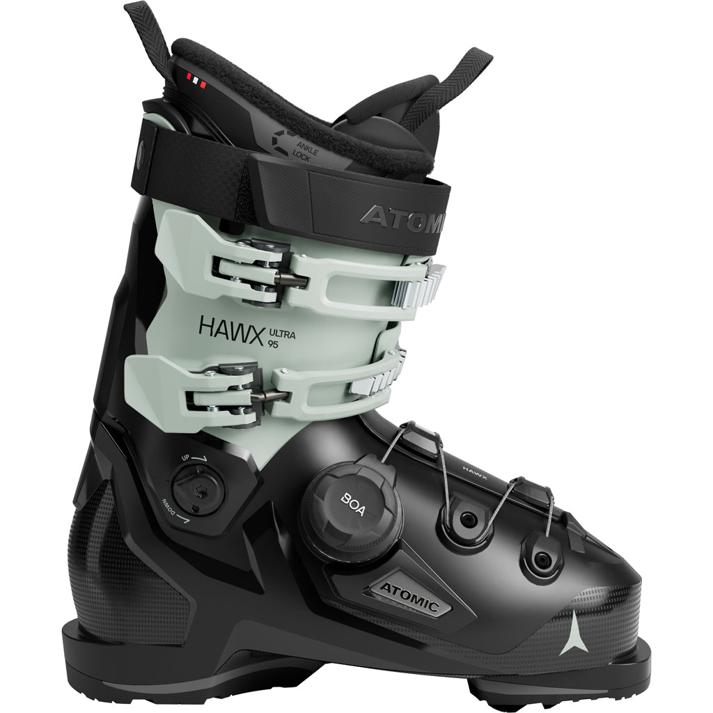 WHawxUltraXtd95Boa- Black and gray ski boot with Atomic branding on a white background