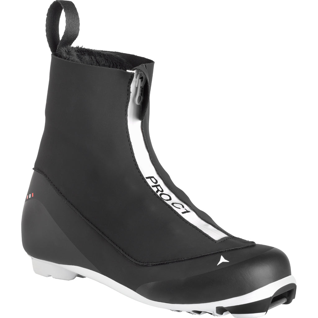 WProC1-Black ski boot with white accents on a white background
