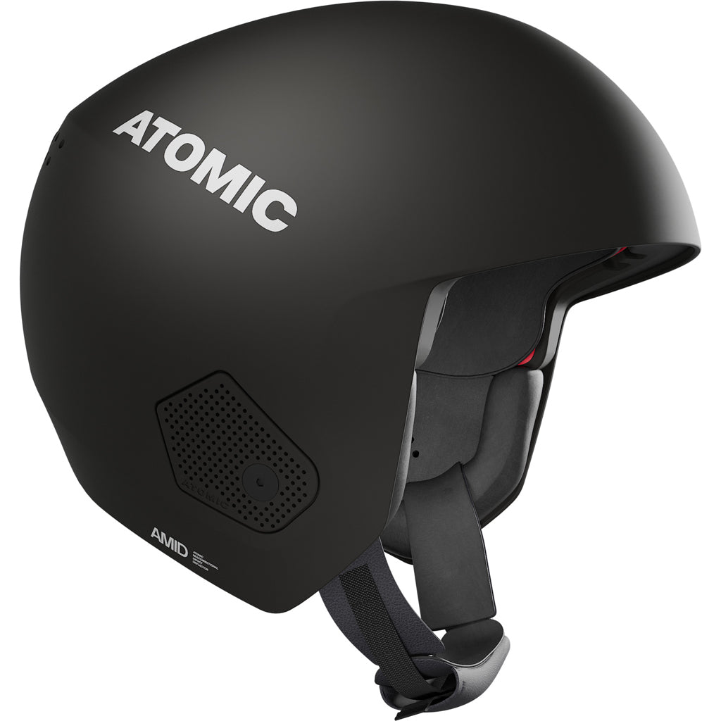 RedsterHelmet- Black Atomic Redster adult helmet with a visor, adjustable strap, and ventilation system.