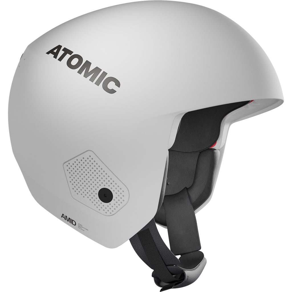RedsterHelmet- White Atomic Redster adult helmet with a visor, adjustable strap, and ventilation system.