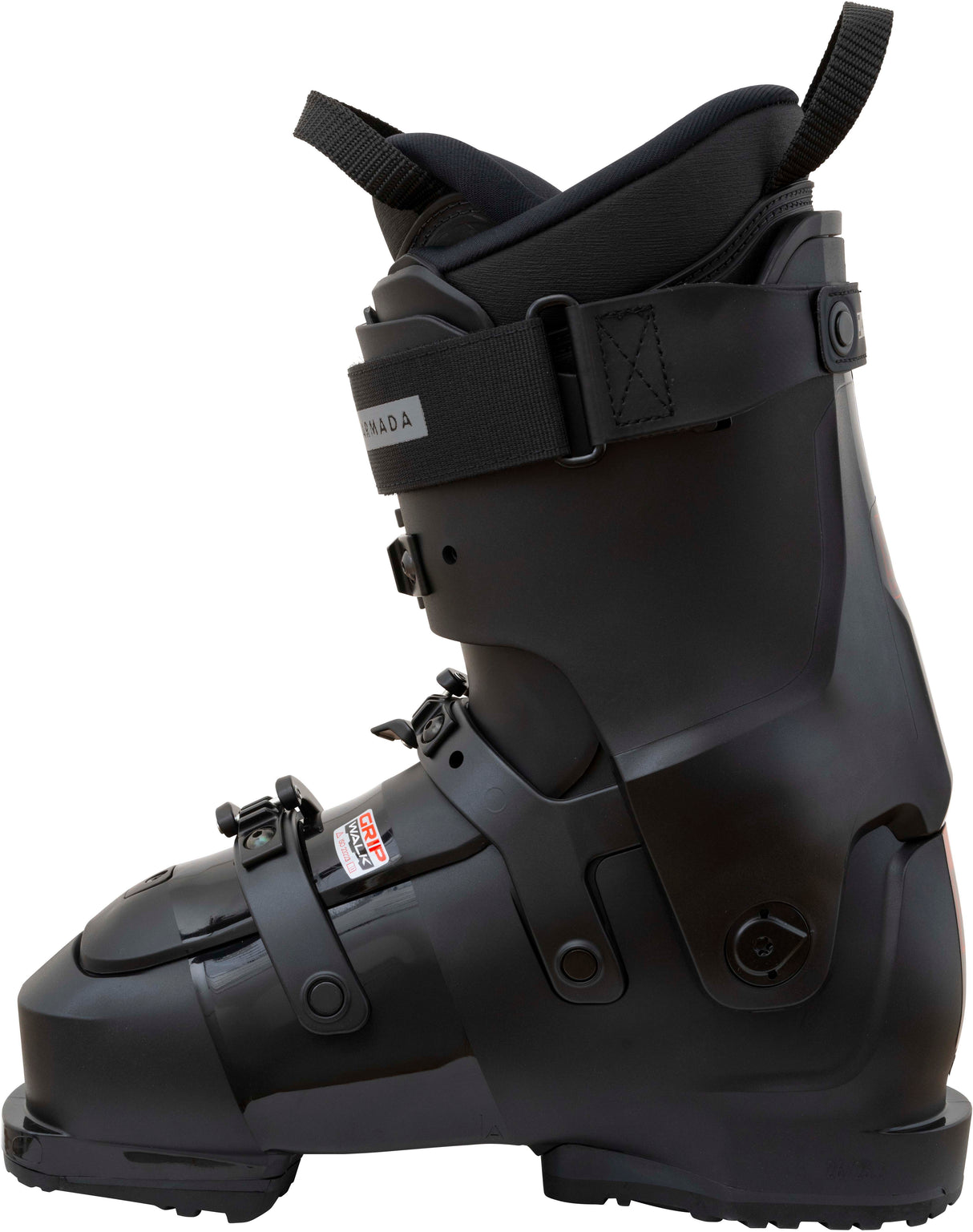 ARONE100- Black and red ski boot with visible brand logo on a white background