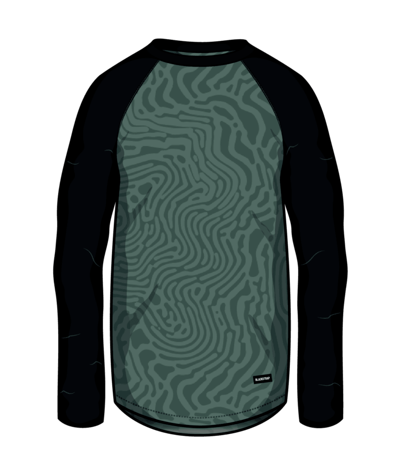 MSkylinerCrewneck- A crewneck long-sleeved baselayer top with a geometric pattern in black and green colors.