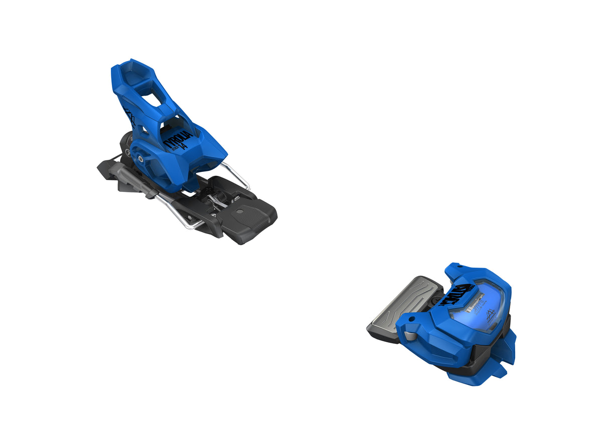 A pair of blue Tyrolia Attack 14 GW Ski Bindings 2025 are shown apart on a white background, displaying the FR PRO 3 toe and heel pieces for an all-mountain setup.