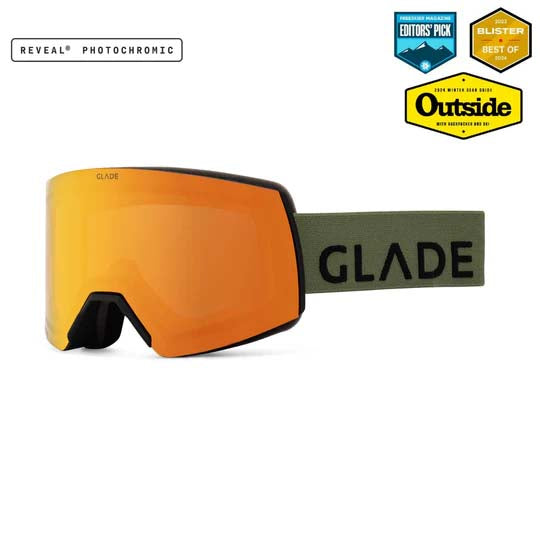 Adapt2-Glade ski goggles with a vibrant orange photochromic lens and an olive green strap featuring the black 'GLADE' logo.