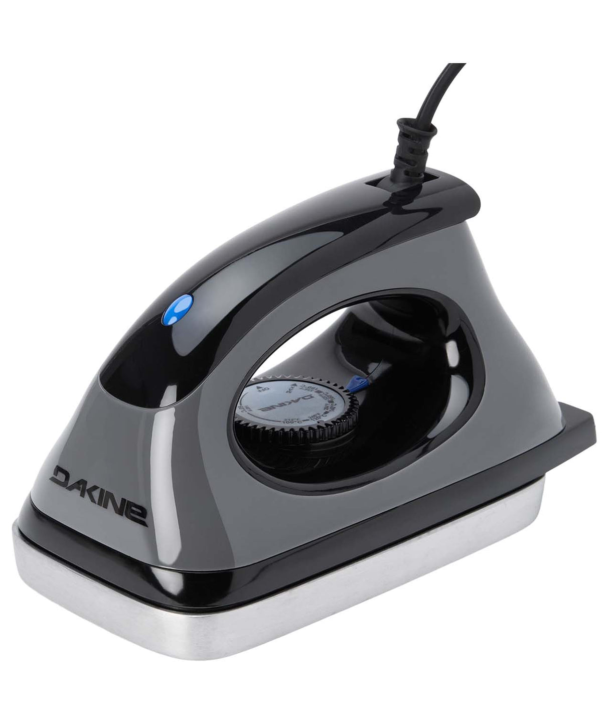 AdjustableTuningIronNA-Black and gray iron with a blue light on a white background