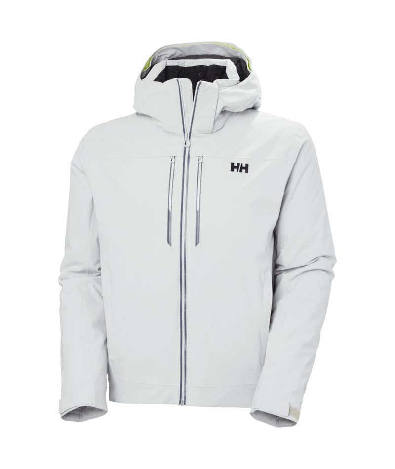AlphaLifaloftJacket-Light gray hooded jacket with brand logo on a white background