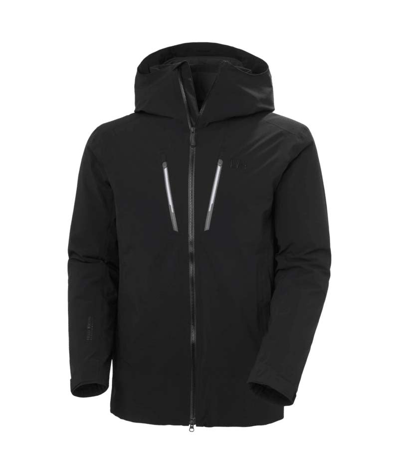 AlphaLongInsulatedJacket-Black jacket with reflective stripes on a white background