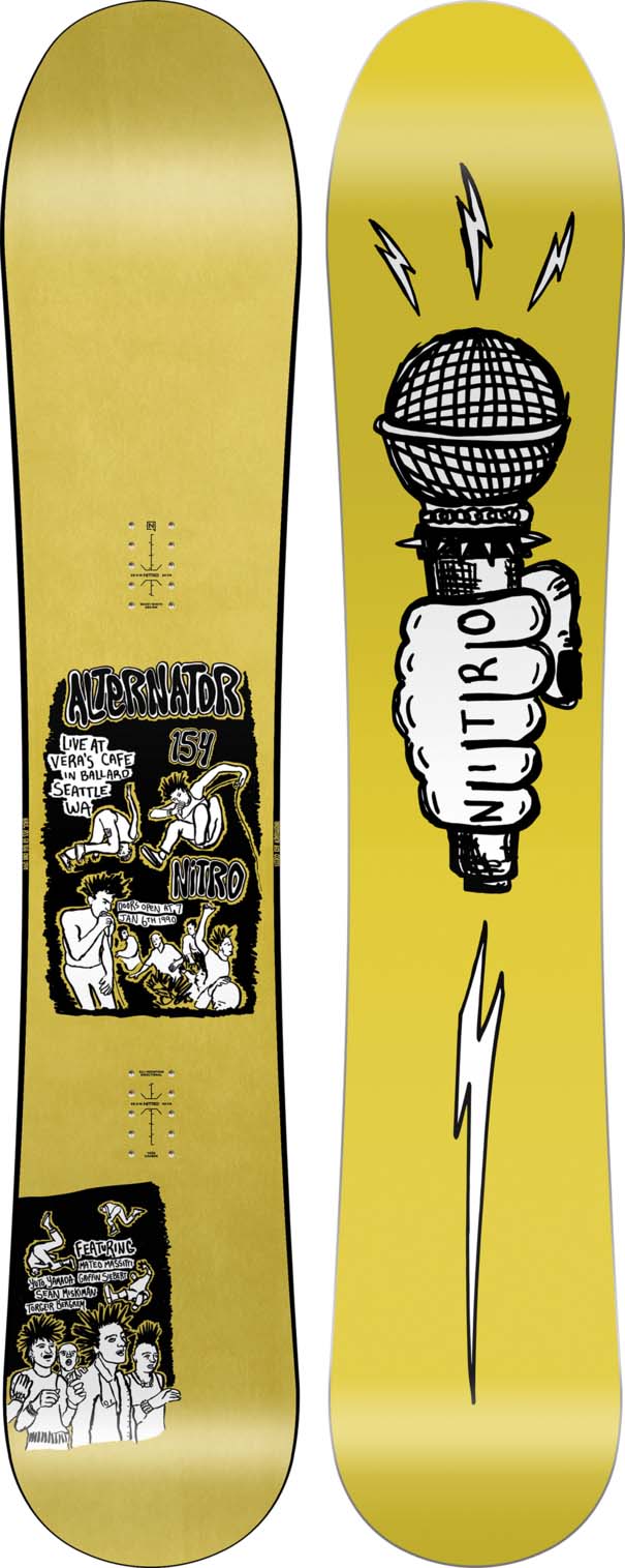 Alternator-Yellow snowboard with a microphone graphic and text on a black background
