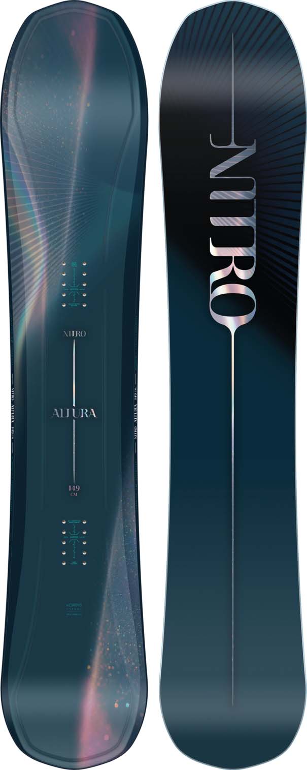 Altura-Two views of a snowboard with 'Nidecker' branding on a black background