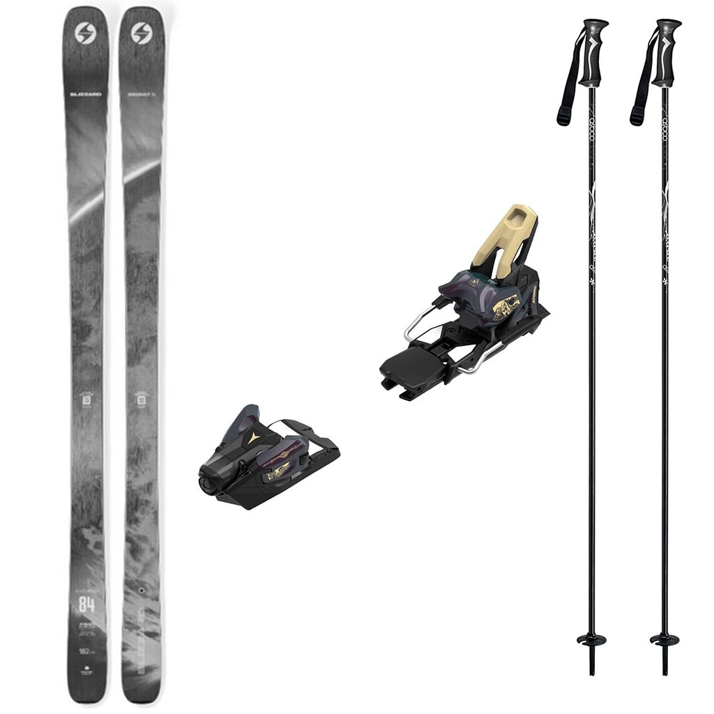 Anomaly84w_Strive14-A ski bundle featuring a pair of black and gray patterned skis, two bent chetler butter bindings, and two black ski poles on a plain white background.