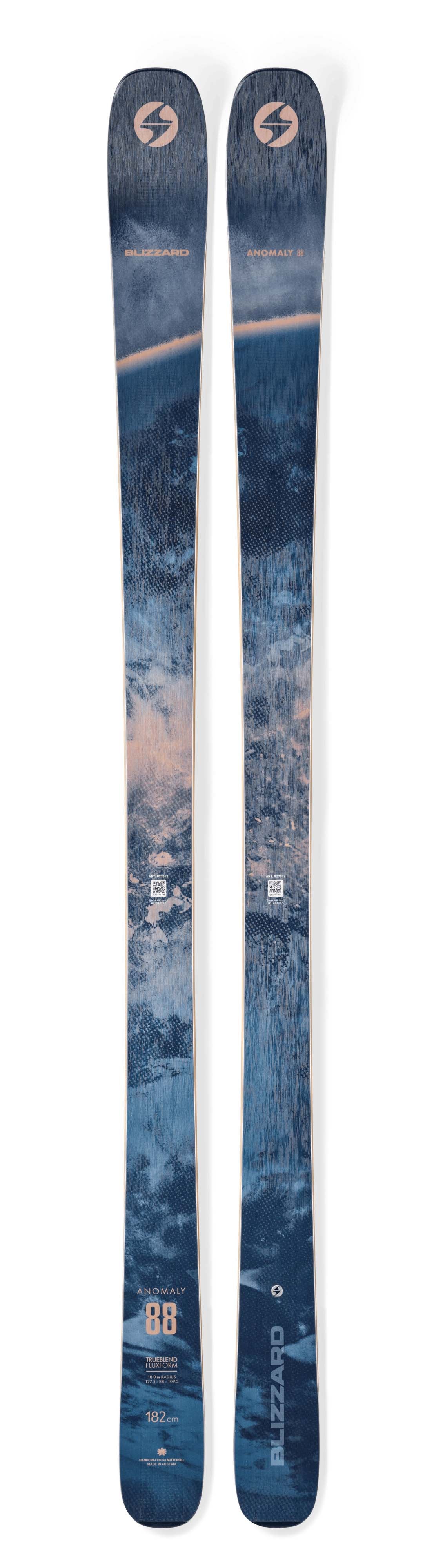 Anomaly88- Blue and cream skis on a white background
