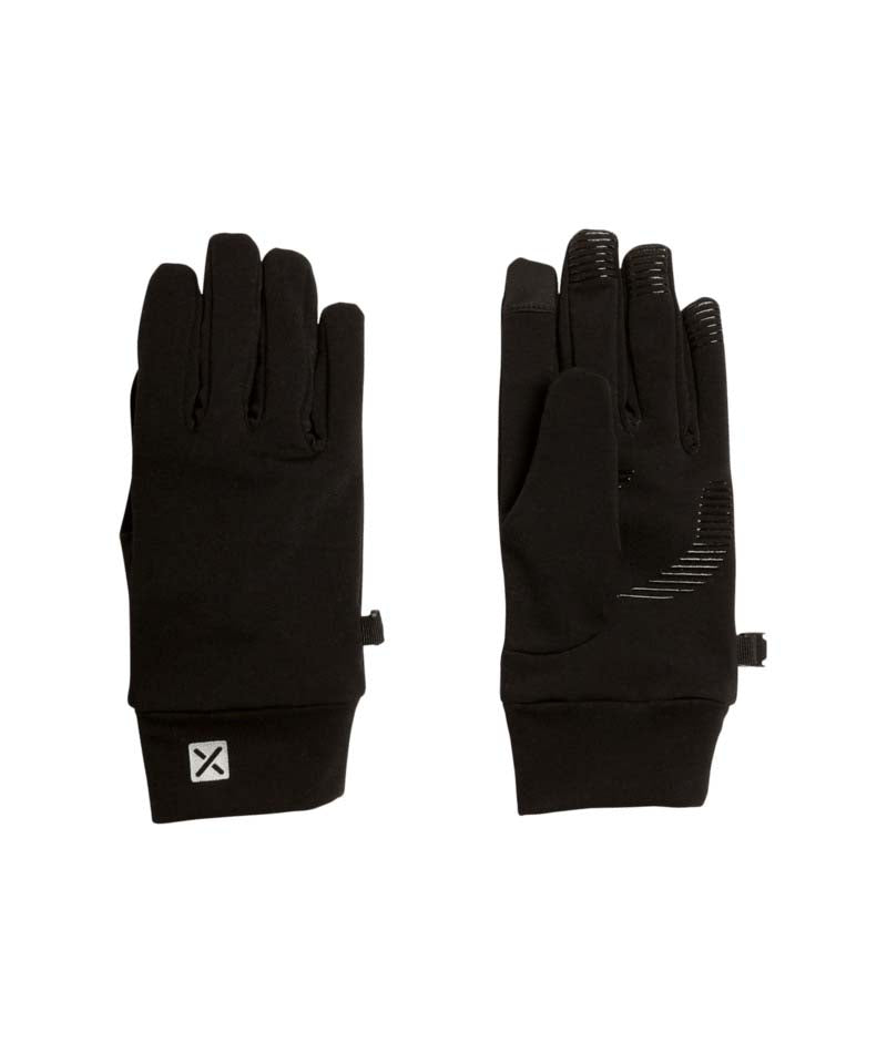 ArticLinerGlove-A pair of black athletic gloves shown flat against a white background, with one glove displaying a small white square logo patch on the cuff and the other showing textured grip panels on the fingers.