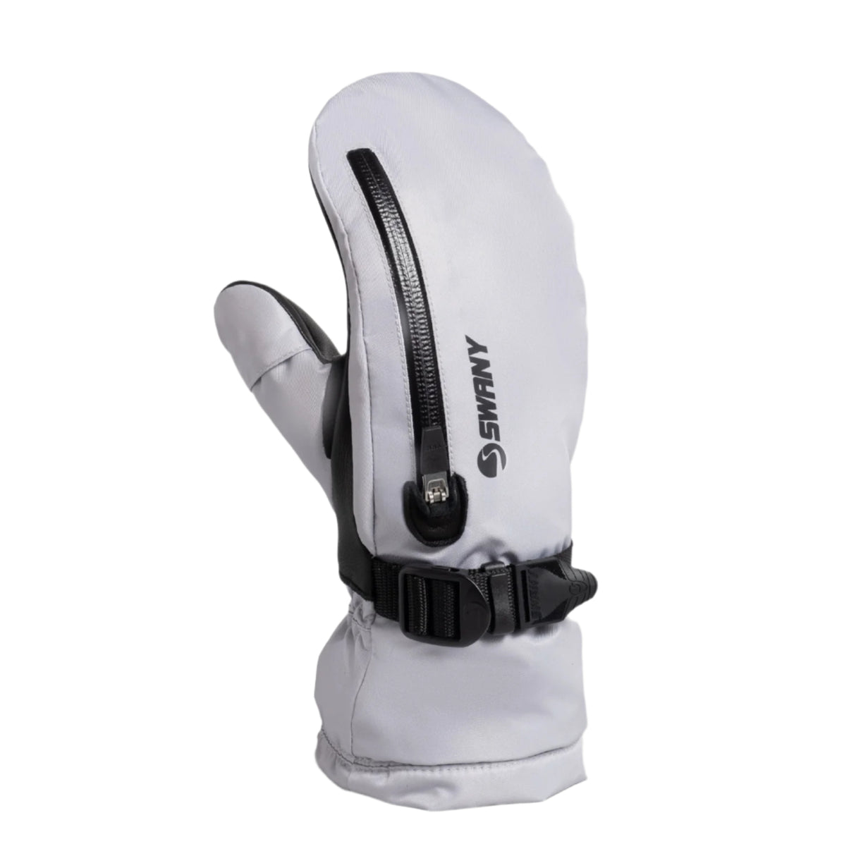 WArrcticMitts-Light grey ski glove with black zipper and strap on a light gray background