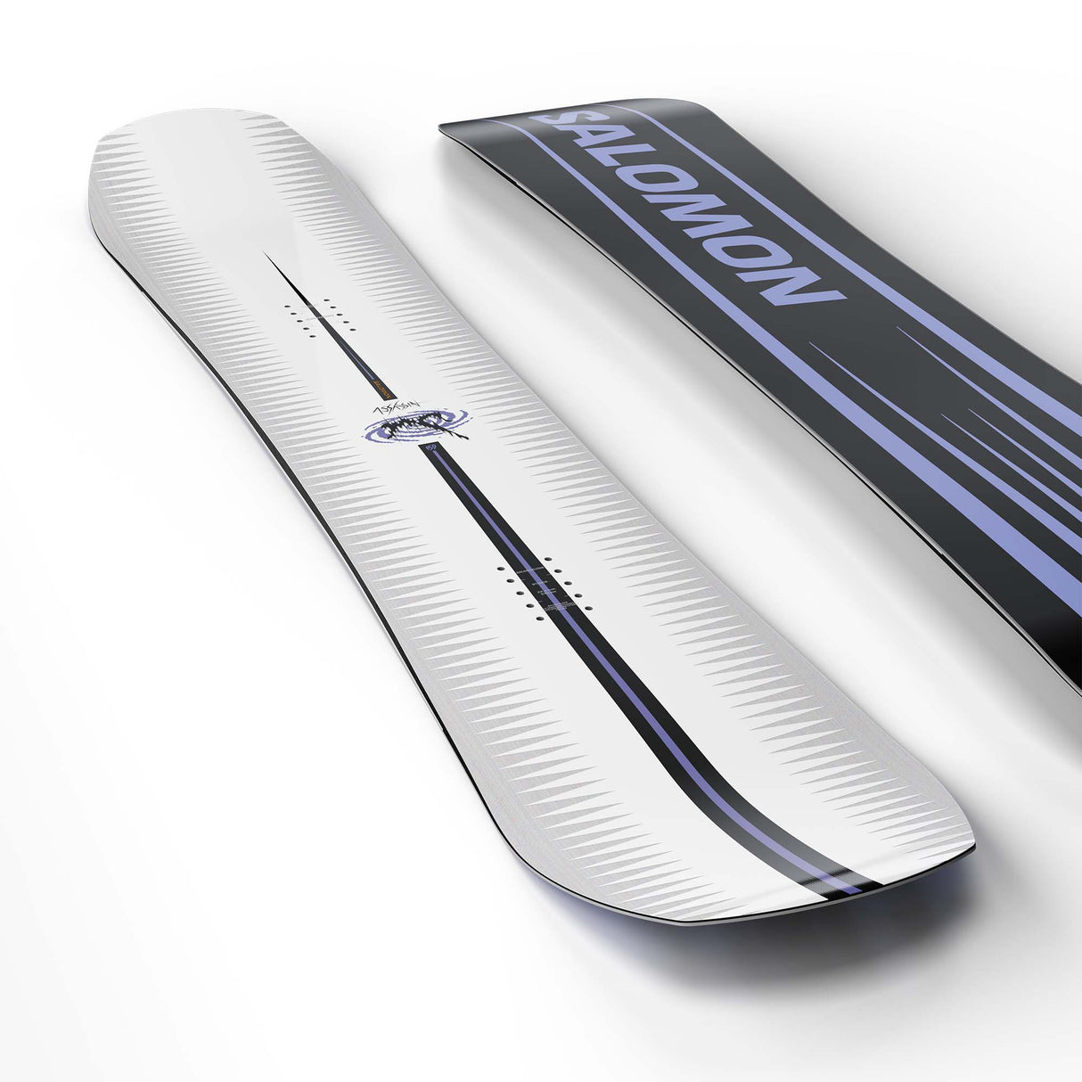 Assassin- White, purple, and black snowboard on a white background