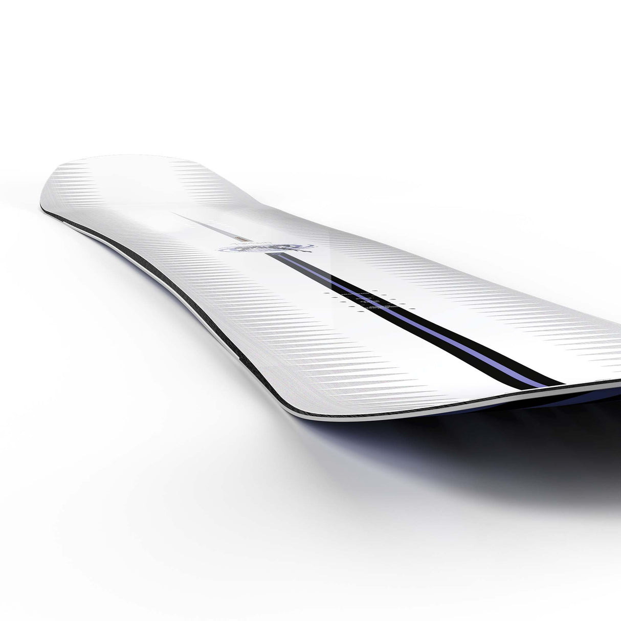 Assassin- White, purple, and black snowboard on a white background