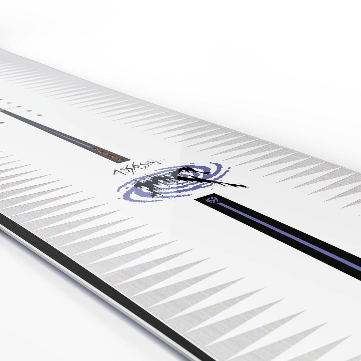 Assassin- White, purple, and black snowboard on a white background