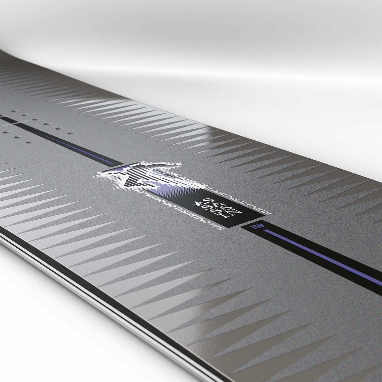 AssassinPro- Grey, purple, and black snowboard on a white background