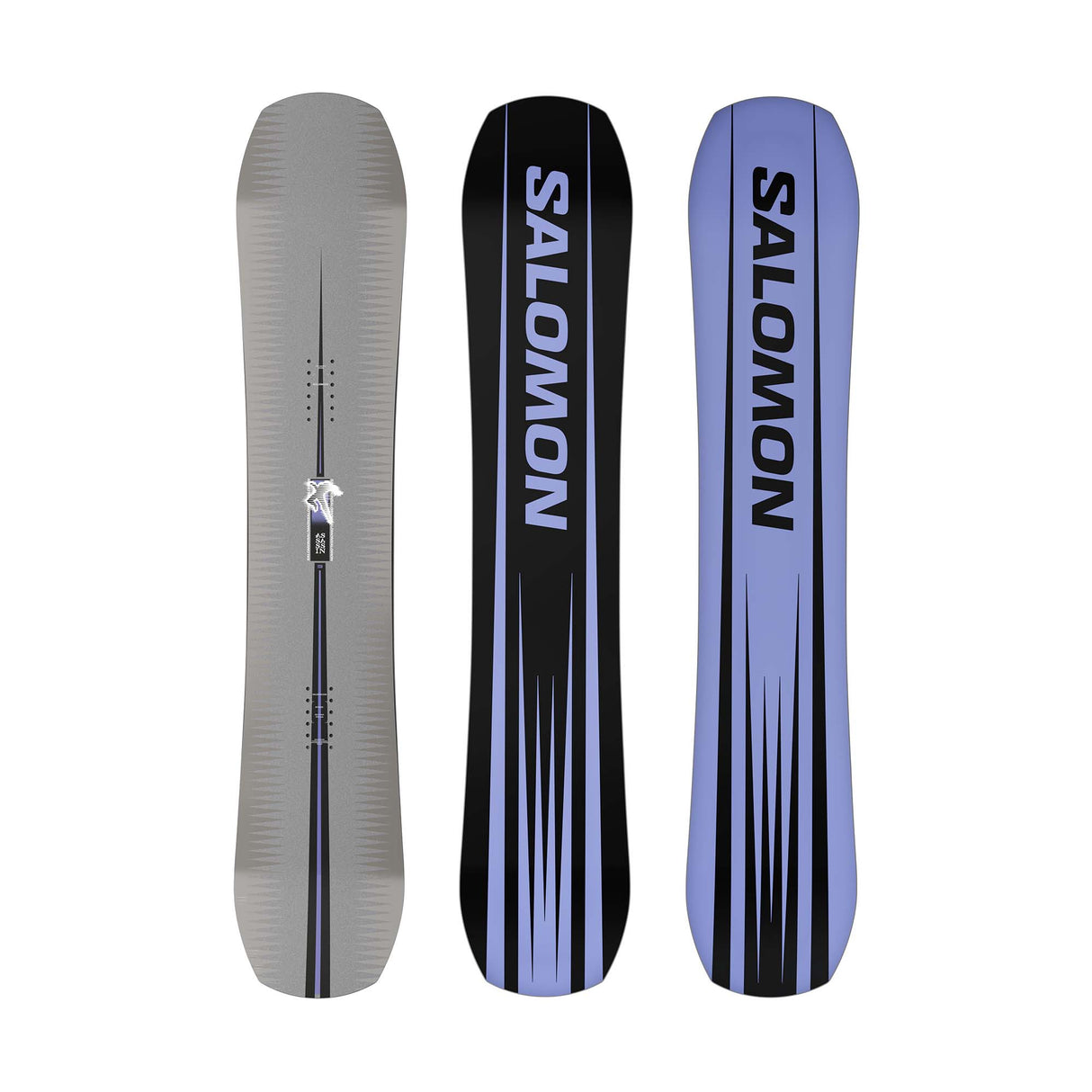 AssassinPro- Grey, purple, and black snowboard on a white background