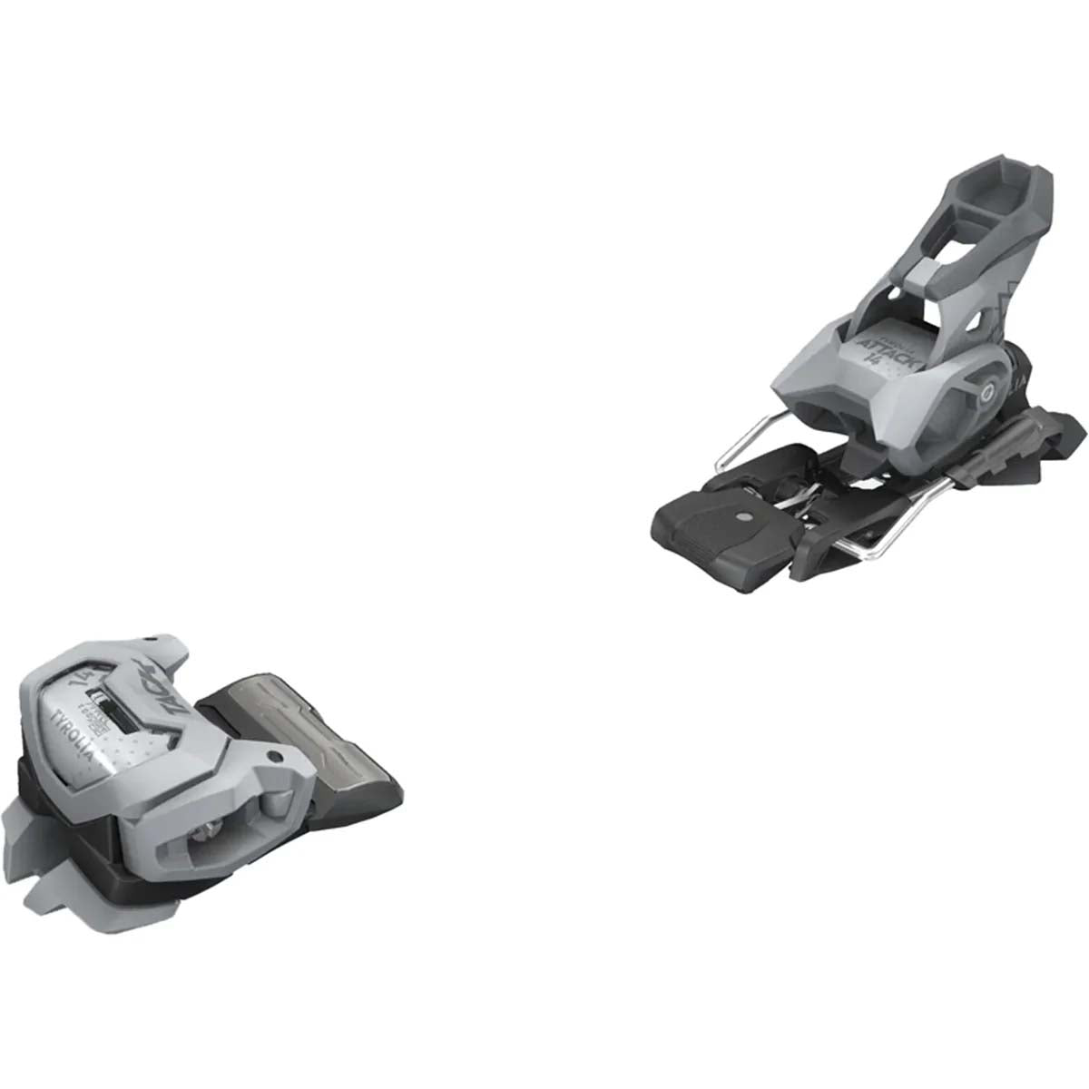 Attack 14-Two grey ski bindings on a white background