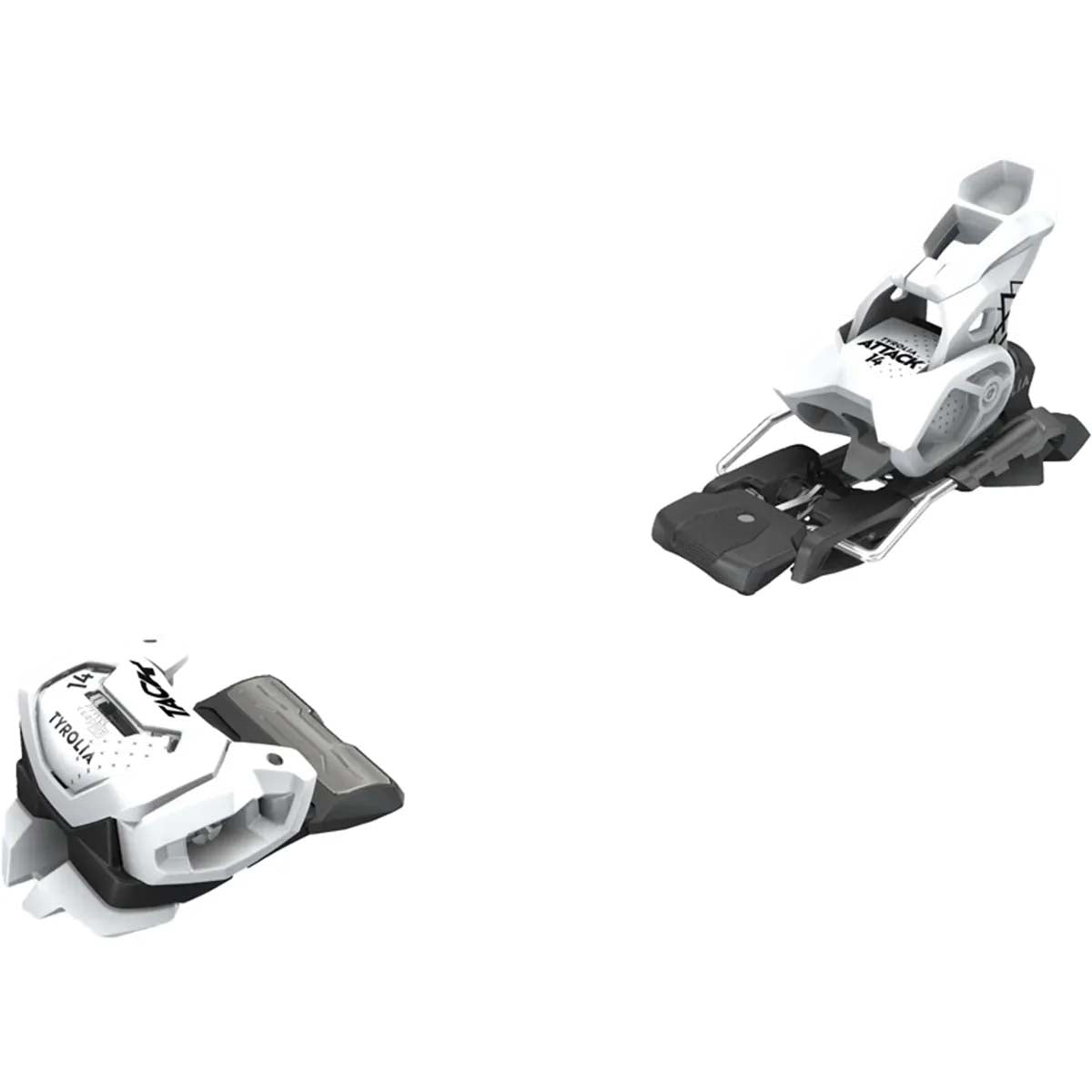 Attack 14-Two white ski bindings on a white background