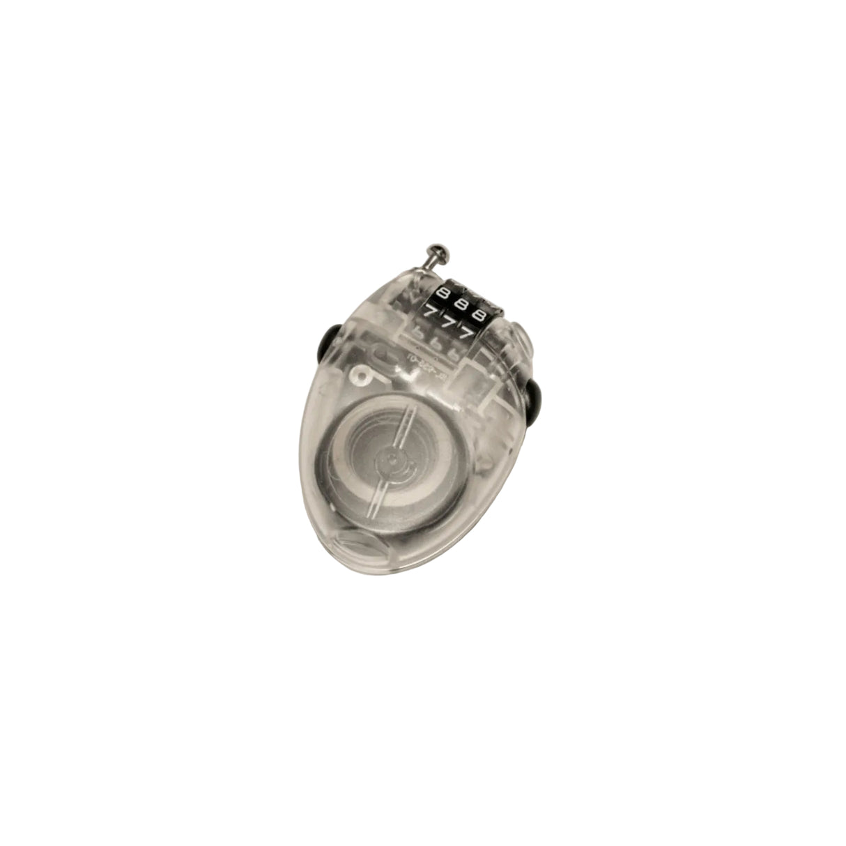 AxisMiniCableLock-A small transparent plastic combination lock box with black dials and a silver metal top, photographed on a plain light gray background.