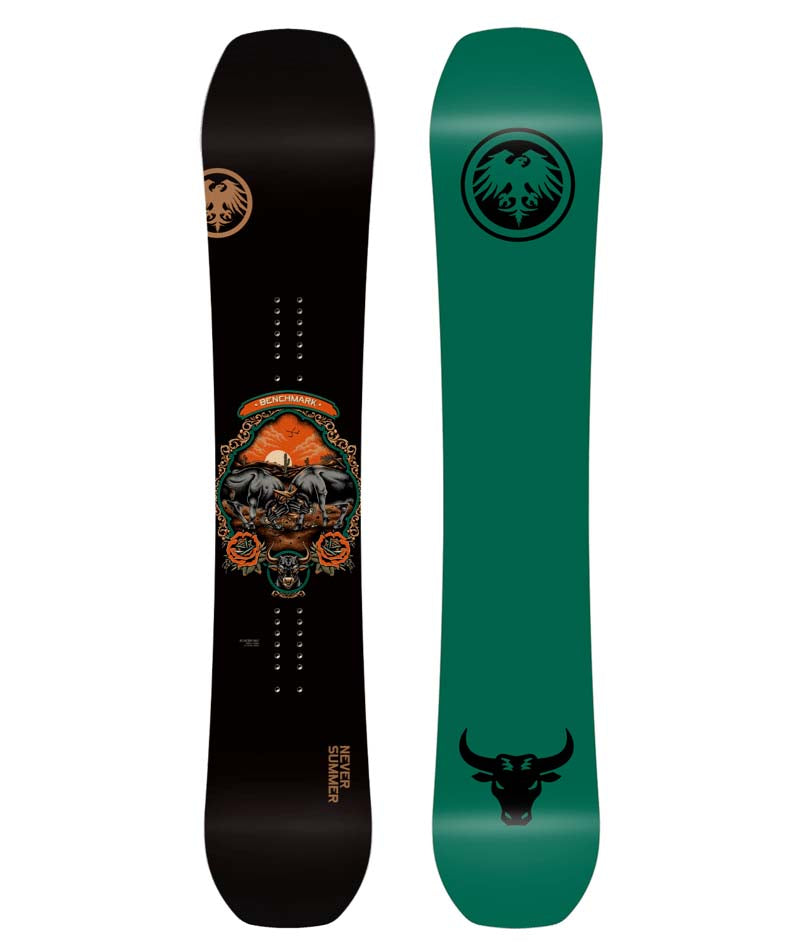 BENCHMARK- Black snowboard with a bull graphic on the top sheet and a green base with a bull on the tail and the 'Never Summer' logo at the tip