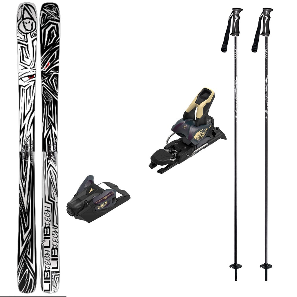 Backwardsw_Strive12-A ski gear set on a plain white background, including a pair of black and gray patterned skis, two ski bindings, and two black ski poles with white graphics.