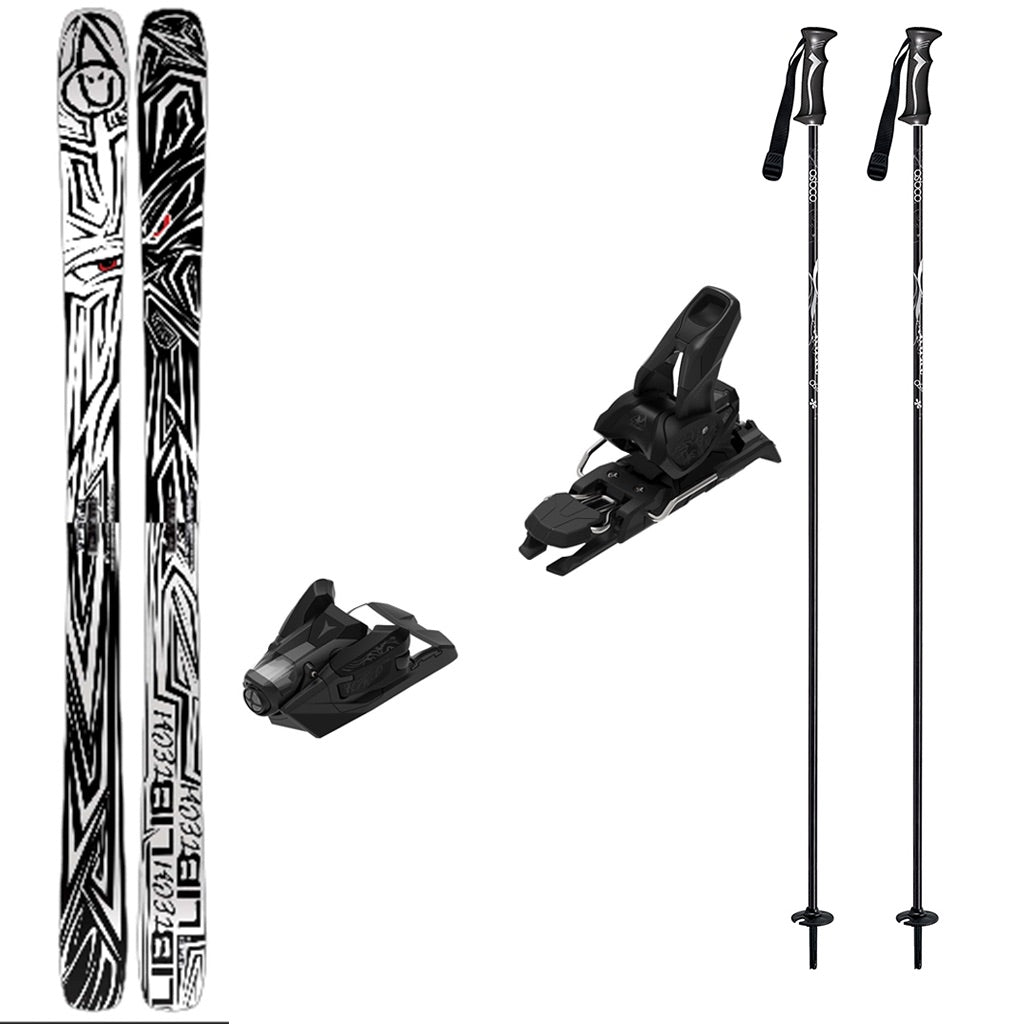 Backwardsw_Strive12-A ski gear set on a plain white background, including a pair of black and gray patterned skis, two black ski bindings, and two black ski poles with white graphics.