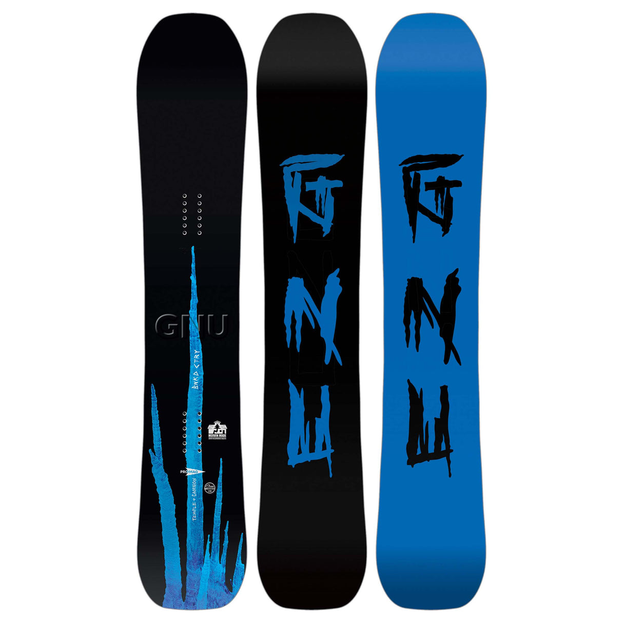 BankedCountry- Two views of a black and blue snowboard with a brand logo on a white background