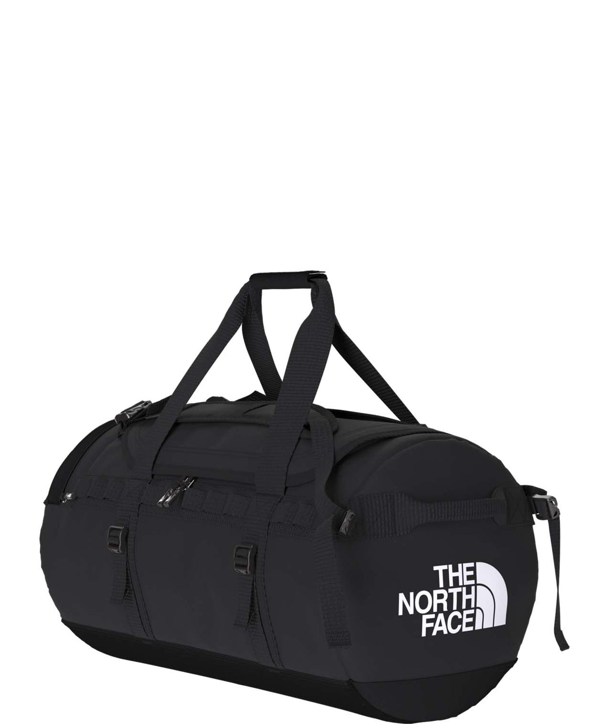 BaseCampDuffel_M-Black duffel bag with The North Face logo on a white background