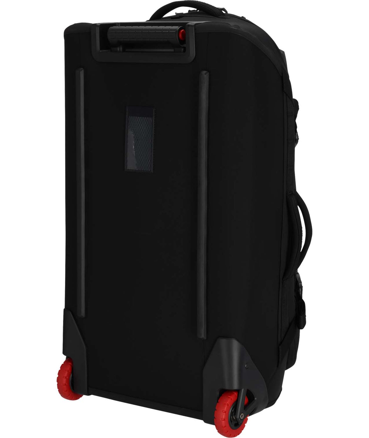 BaseCampRollingThunder_28-Black rolling duffel bag with red wheels on a white background