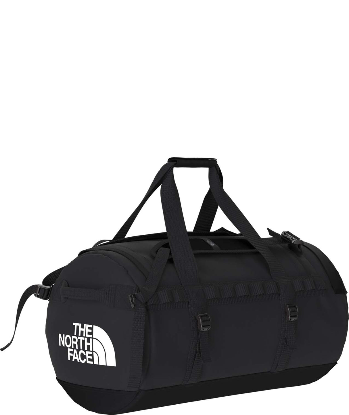 BaseCampRollingThunder_28-Black duffel bag with The North Face logo on a white background