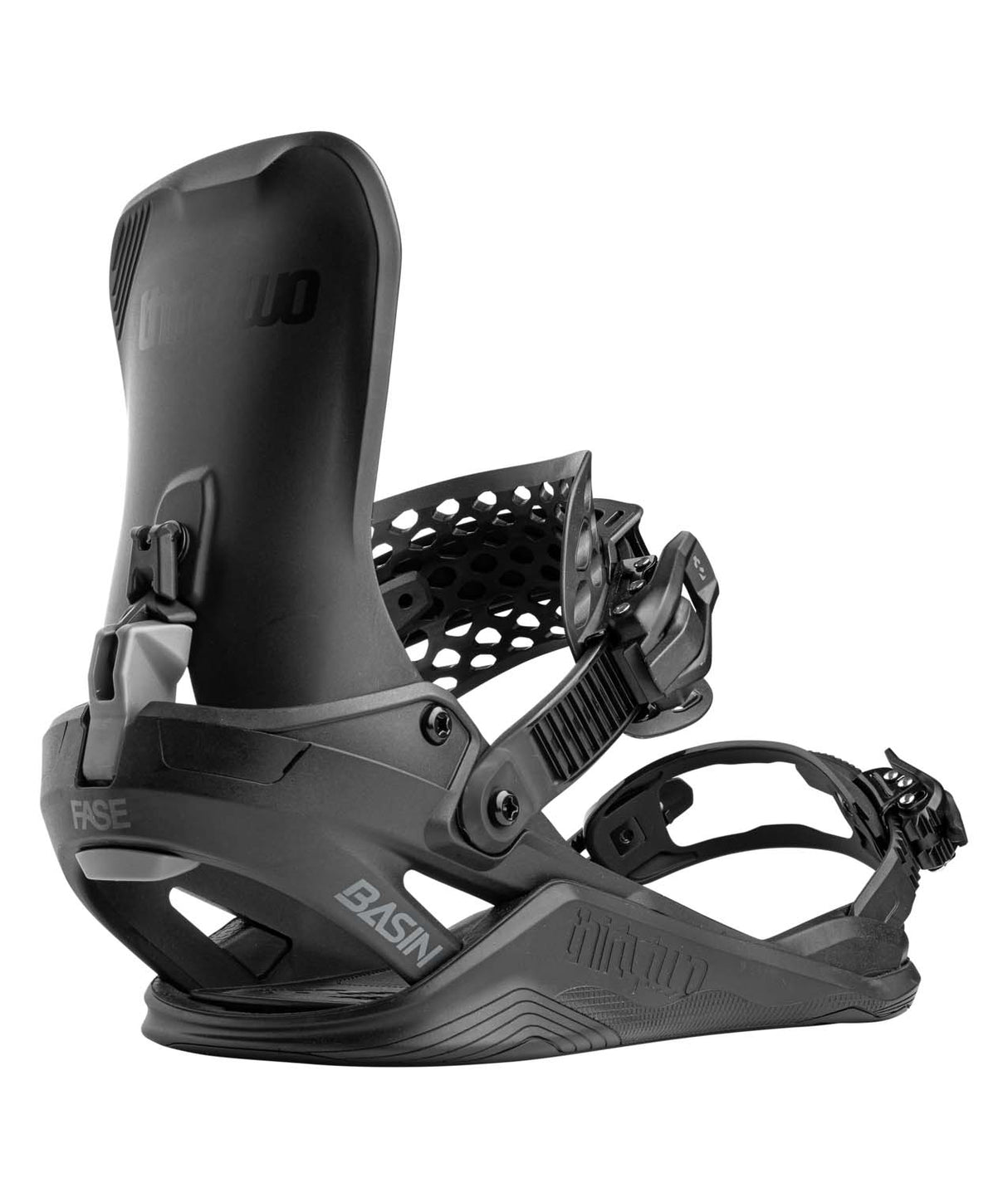 BasinFase- Black snowboard binding on a white background