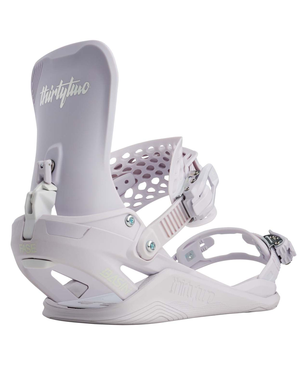BasinFase- Violet snowboard binding with 'thirtytwo' branding on a white background
