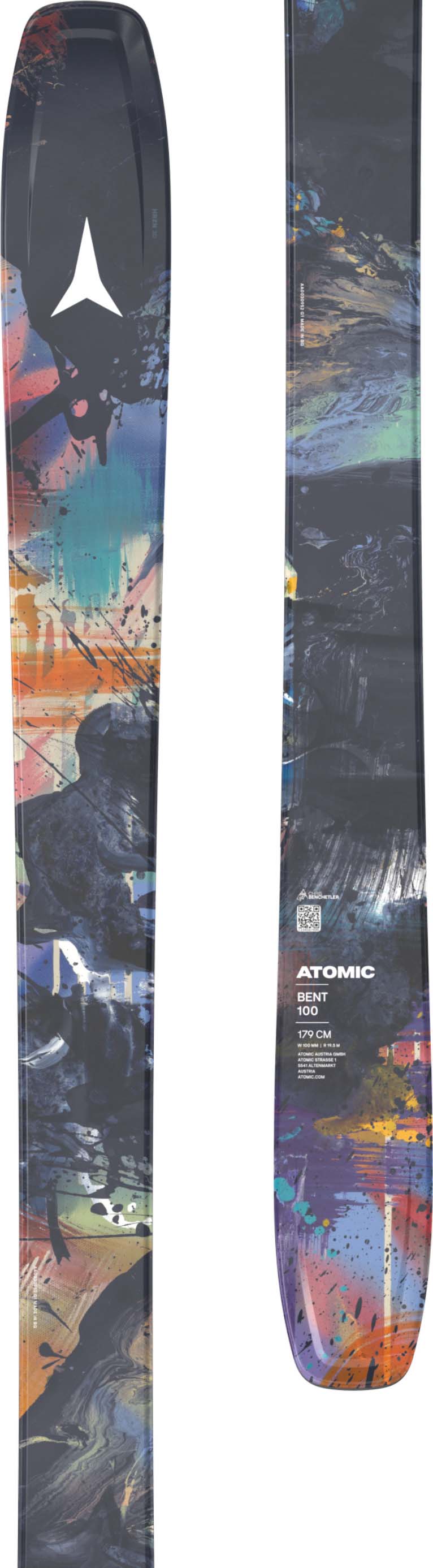 Bent100-Colorful skis with a brand logo on a white background