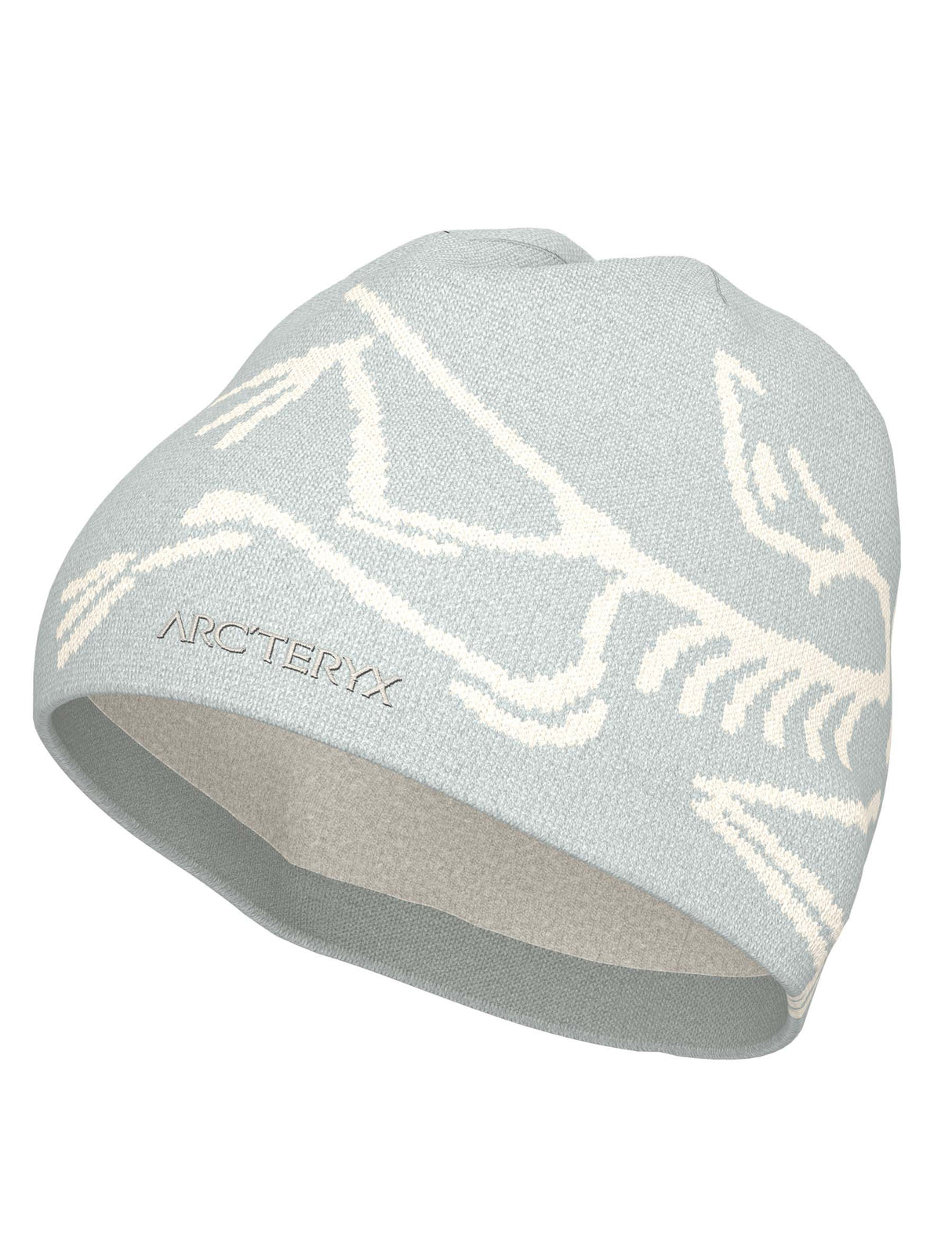 BirdHeadToque-A light grey knit beanie hat featuring a white knit Arc'teryx bird logo and the brand name 'ARC'TERYX' on the side, with a white fleece lining visible at the opening.