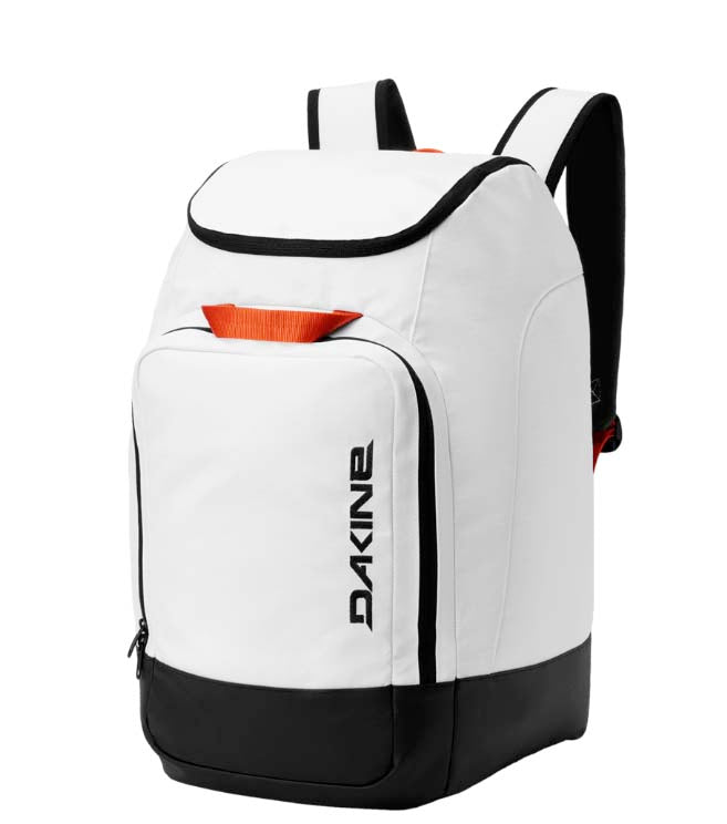 BootBackpack50L-White backpack with Dakine logo on a white background