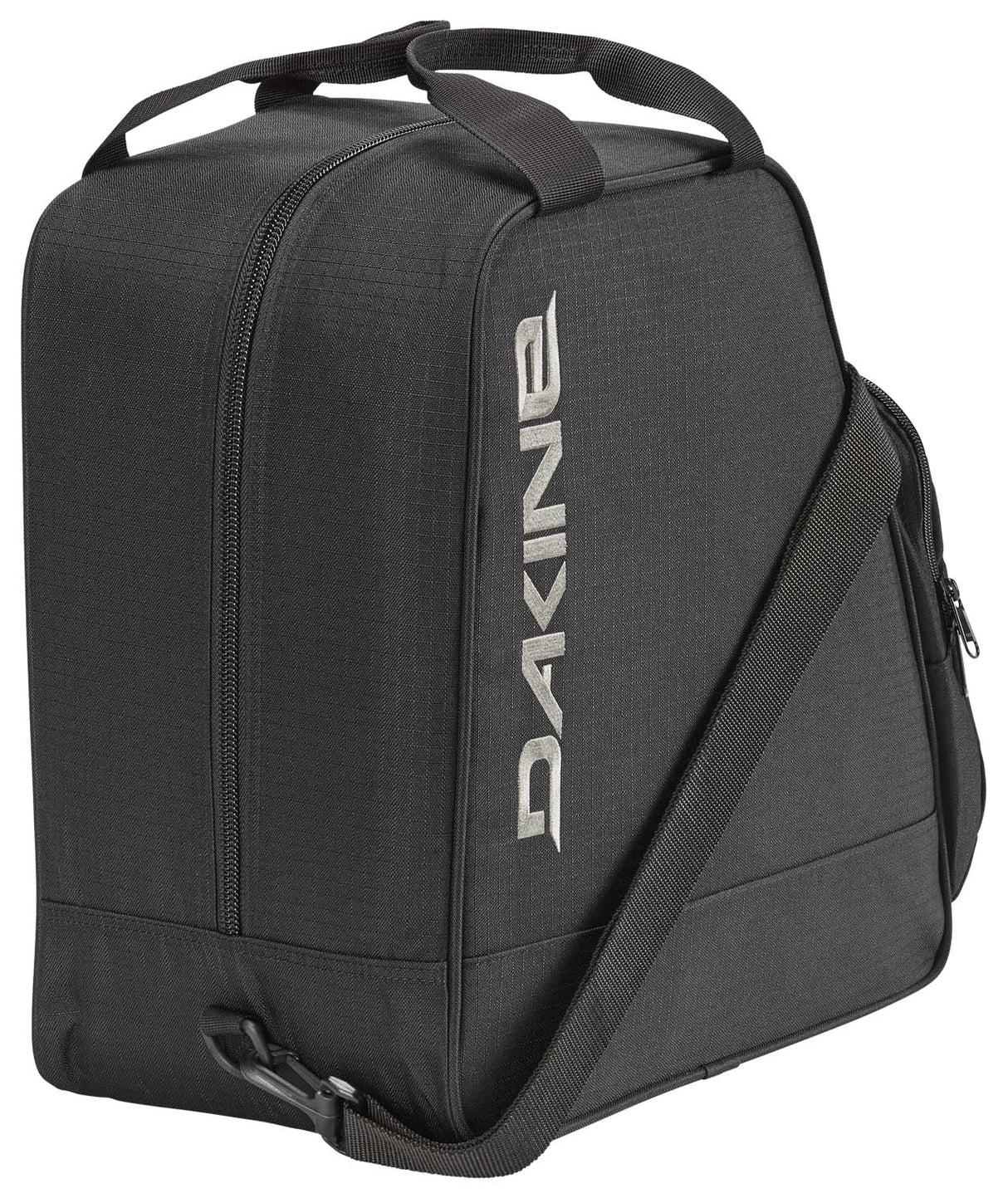 BootBag30L-Black boot bag with 'Dakine' logo on a white background